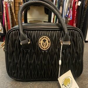 Valentino Orlandi Black Quilted Satchel with Gold Logo